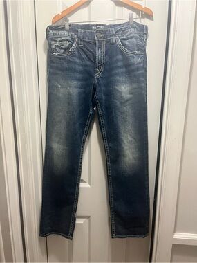 Silver Jeans Eddie Straight Leg Dark Wash Mens 34x32 Denim Jeans Distressed